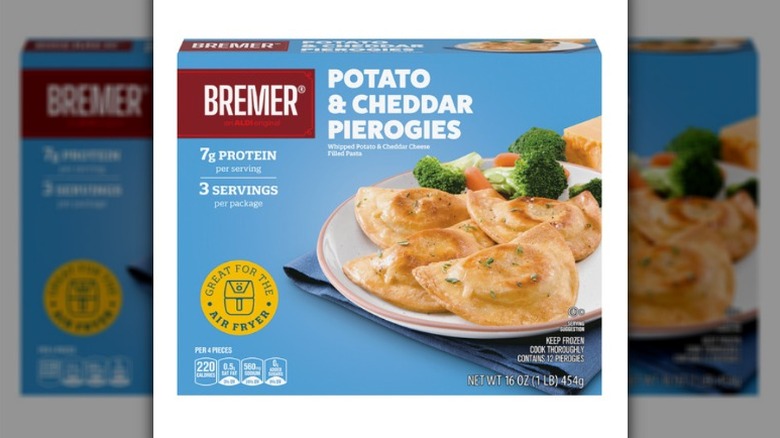 A box of Bremer Potato and Cheddar Pierogies