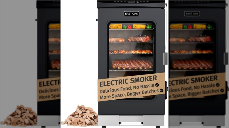 East Oak electric smoker with wood chips on the side