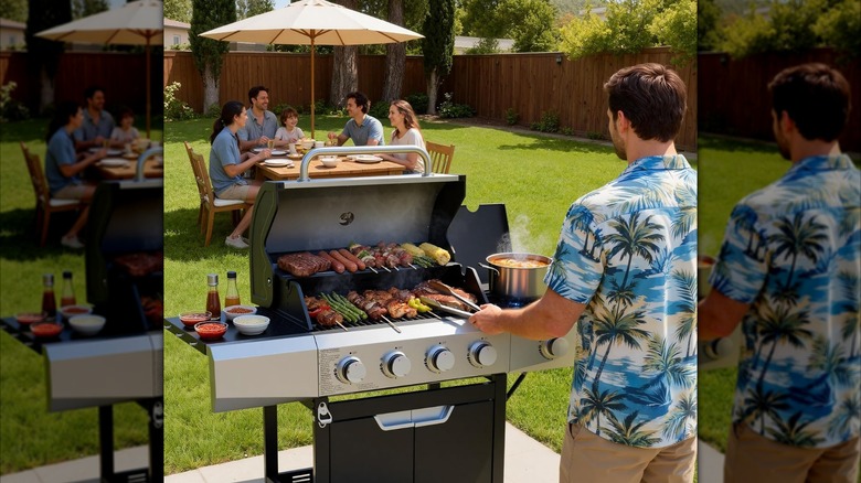 Man cooking on the Euhome propane gas grill with guests at the table in the background