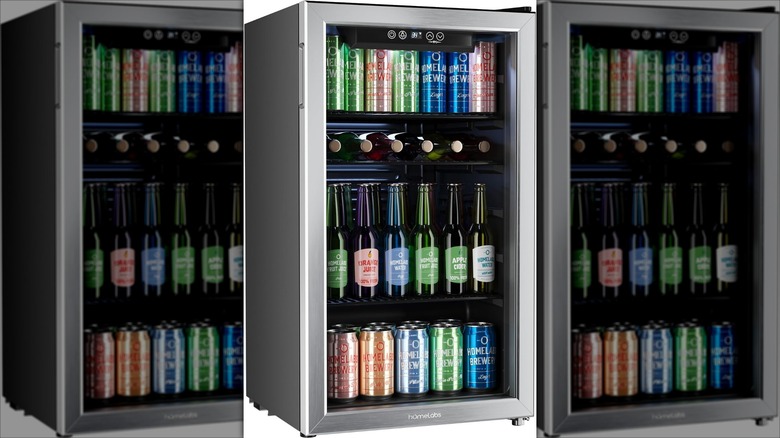 hOmeLabs miniature beverage refrigerator filled with drinks and wine