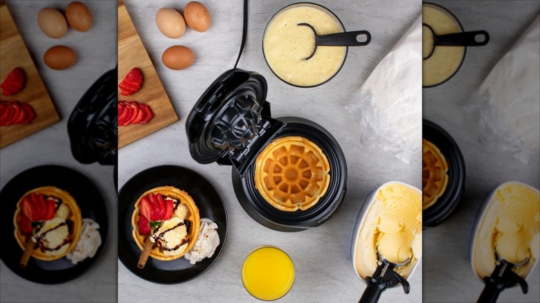 Presto 03500 Belgian waffle bowl maker with bowl of batter, eggs, ice cream, and waffle bowl of ice cream