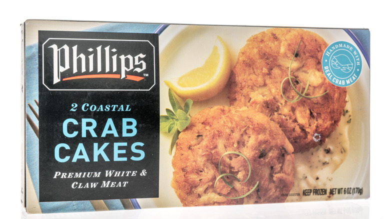 Frozen Phillips Seafood crab cakes in a box