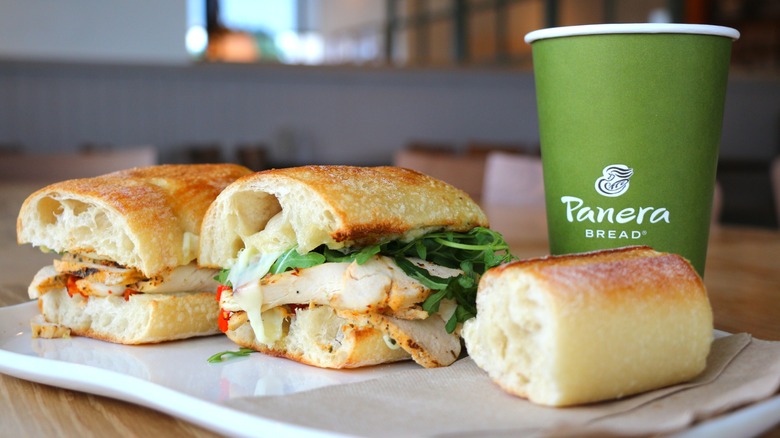 Panera sandwiches and beverage on plate