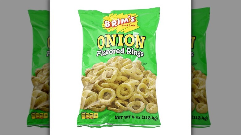 A green and yellow packet of Brim's onion flavored rings