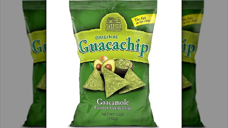 A lime green packet of El Sabroso Original Guacachip with images of green chips, 2 avocado halves and a green dip