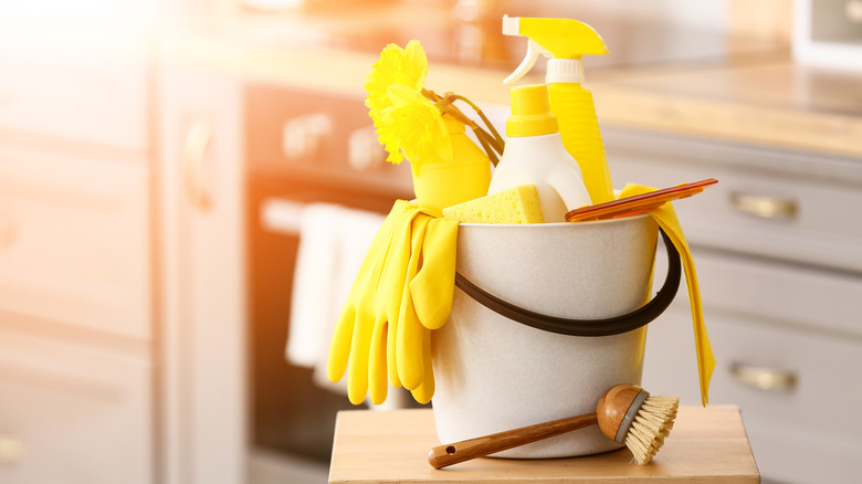 Bucket with cleaning supplies in a sunny kitchen