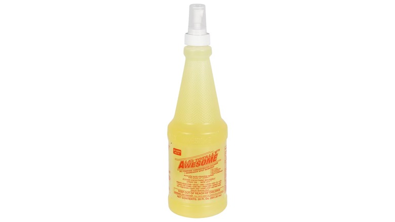 A clear spray bottle of LA's Totally Awesome All-Purpose Cleaner, a yellow cleaning agent