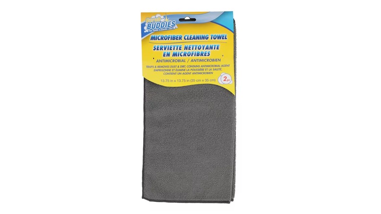 Two gray microfiber cleaning towels.