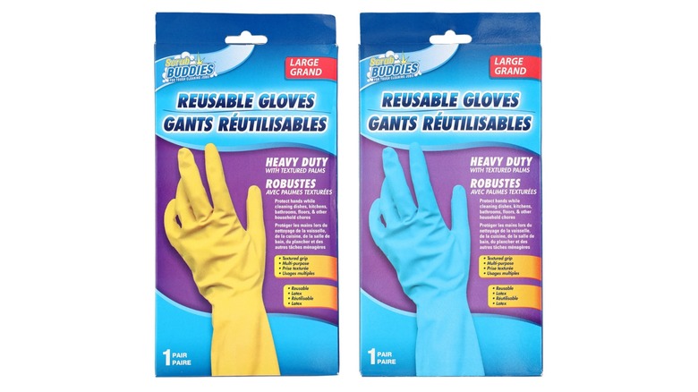 Reusable latex dishwashing gloves in yellow and blue