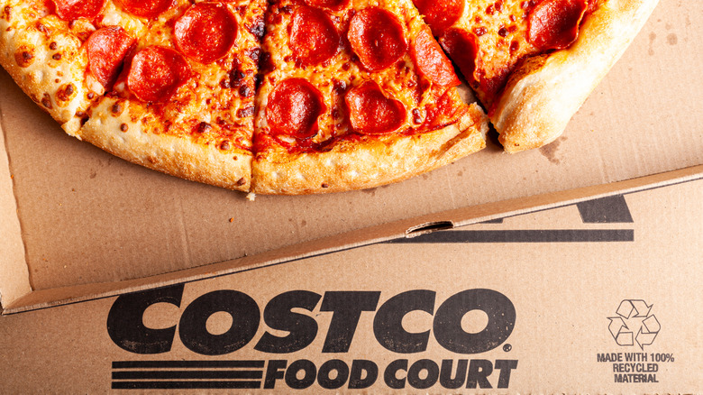 Costco pepperoni pizza in cardboard pizza box