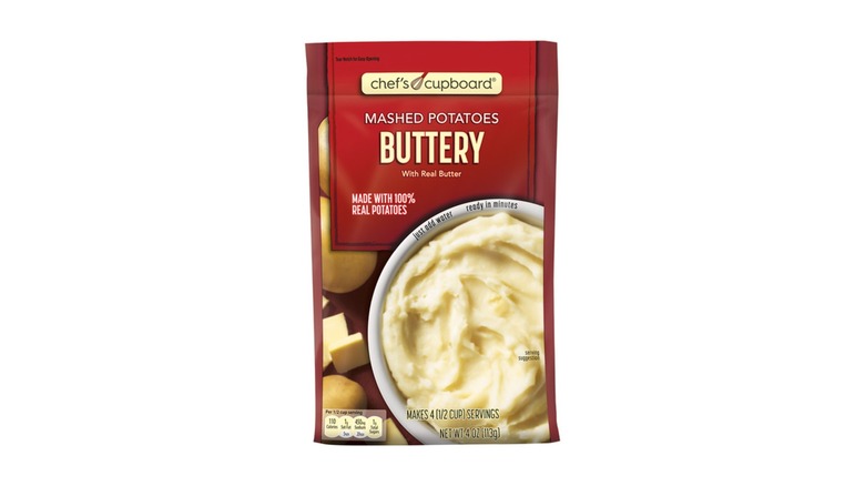 A box of Aldi buttery mashed potatoes on a white background