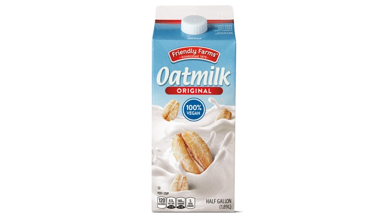 A Friendly Farms oat milk carton on a white background