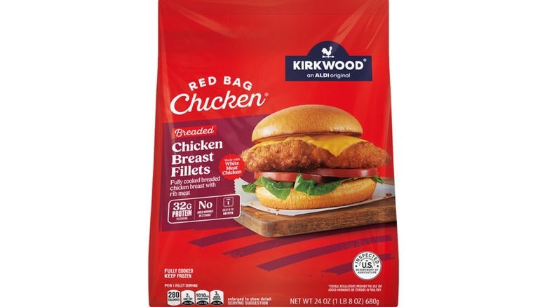A bag of Red Bag Chicken from Aldi on a white background