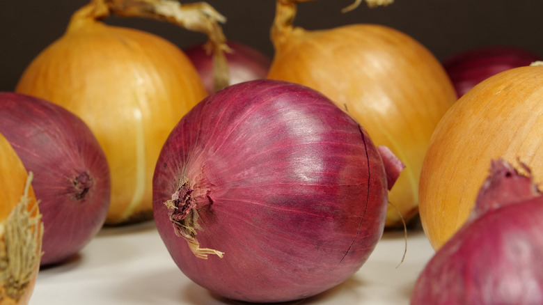 A close-up of red and yellow onions