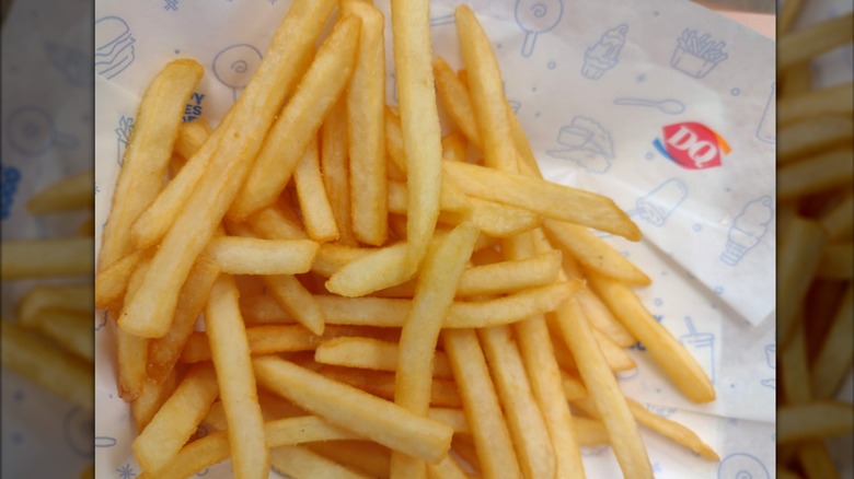 Close up of Dairy Queen french fries on DQ-branded paper