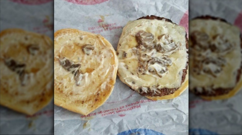 Close up of an opened Dairy Queen Mushroom Swiss GrillBurger