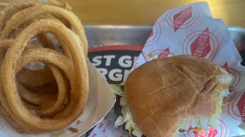 Onion rings and burger from Fatburger