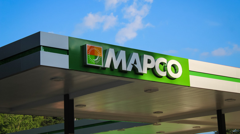 exterior view of a Mapco sign against a blue sky