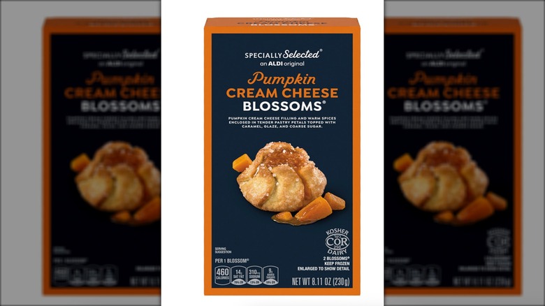 A box of Aldi's Pumpkin Cream Cheese Blossoms