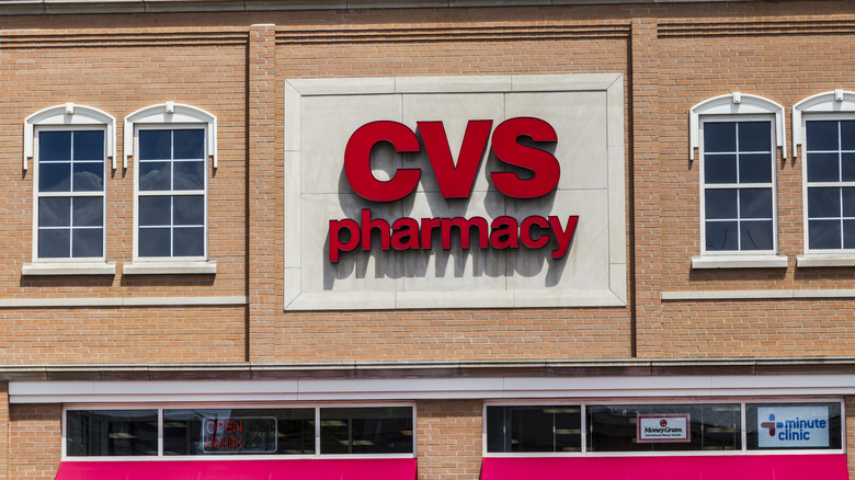 View of CVS pharmacy building's exterior store sign