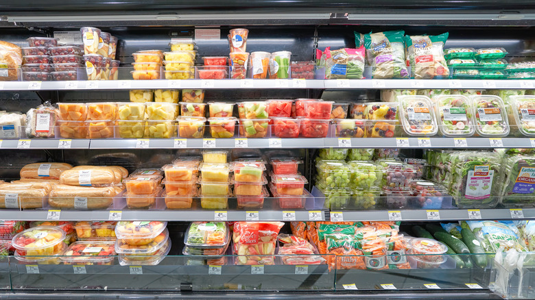 View of produce in a Walgreens refrigerated grocery section