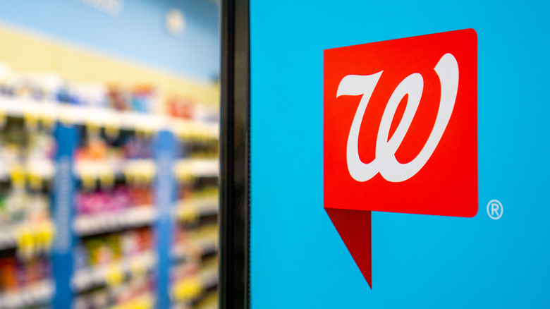 Close-up of a Walgreens logo in store aisle