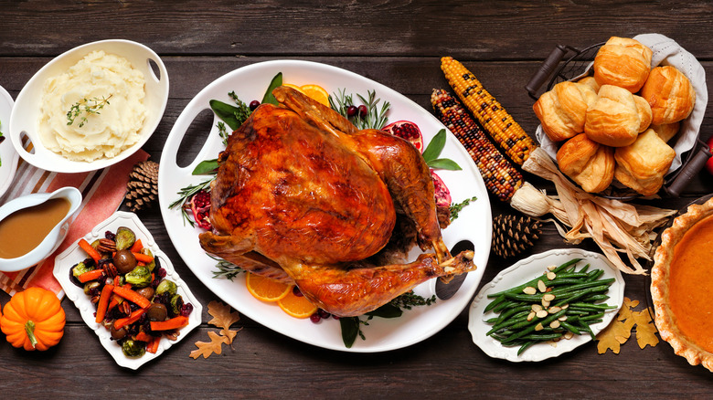A spread of Thanksgiving dinner foods