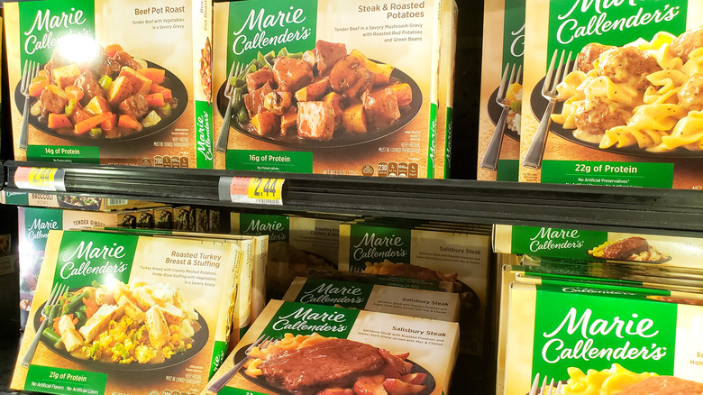 A lineup of Marie Callender's frozen dinner