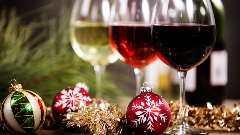 Wine glasses and holiday decorations