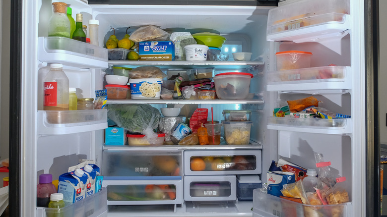 Interior of cluttered fridge