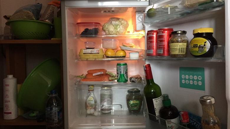 A small cluttered fridge