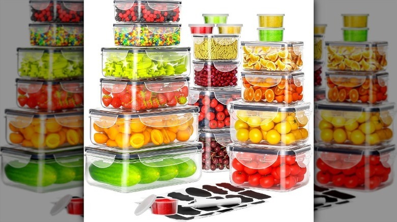 Storage containers with various foods on white background.