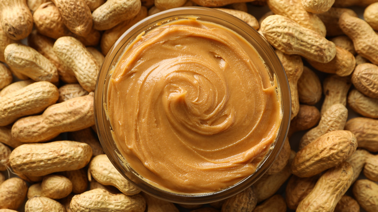 Peanut butter in a bowl with peanuts