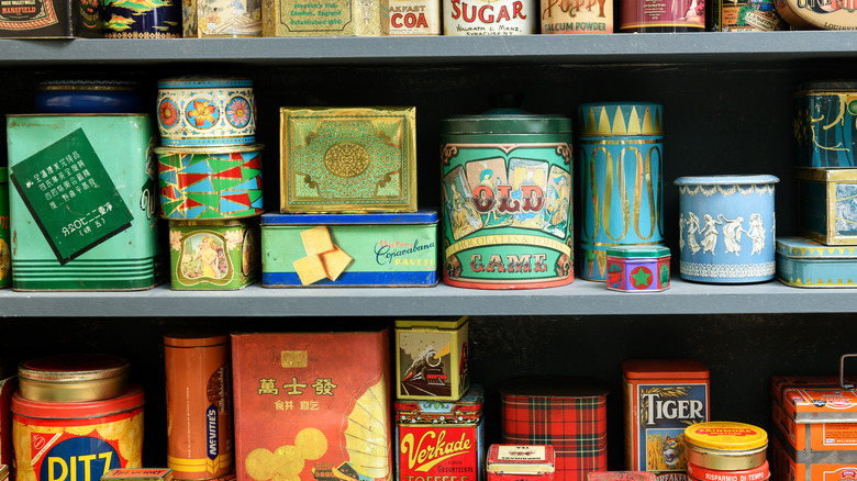 shelves of vintage food cans
