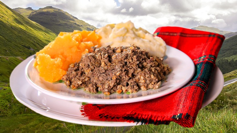 plated haggis against scotland scenery
