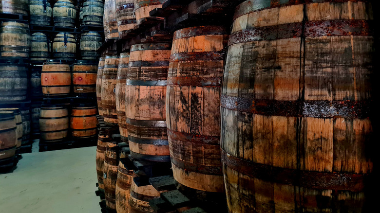 Barrels of rum stacked in a room