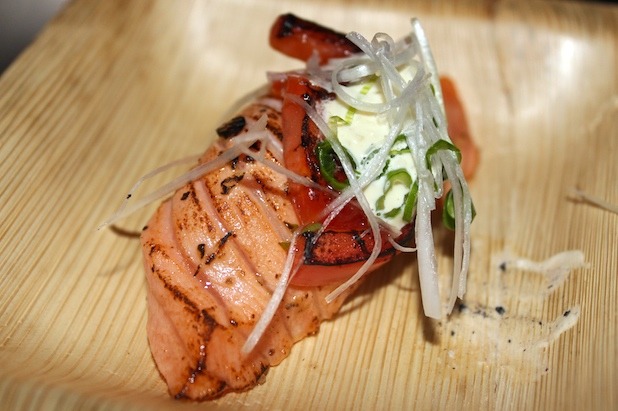 Salmon Tataki Nigiri with Torched Tomato, Onion Aioli, and Smoked Salt