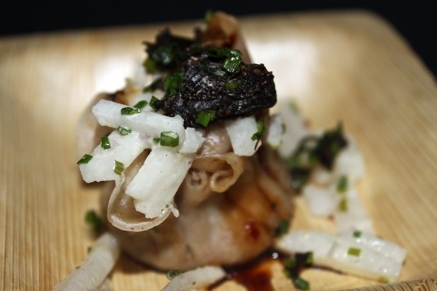 Braised Oxtail and Foie Gras Shumai with Sambal-Soy Syrup, and Jicama-Truffle Salad