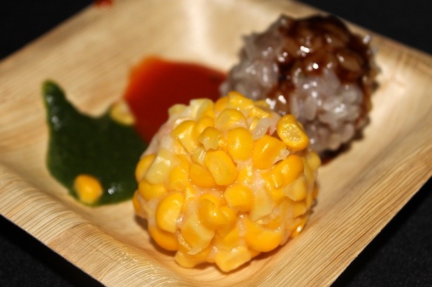 Lobster, Shrimp, and Corn Dumpling with Smoked Chili Dip, and Steamed Lamb and Rice Dumpling with Malay Black Pepper Sauce