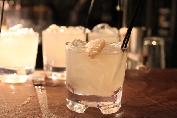 Boogie Fever Cocktail with Ty Ku Sake, Vodka, and Liqueur, Lychee Syrup, Sobe Green Tea, and Fresh Squeezed Ruby Red Grapefruit Juice