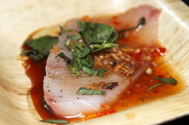 Hamachi Sashimi with Viet Mignonette Sauce, Fried Shallots, and Thai Basil 