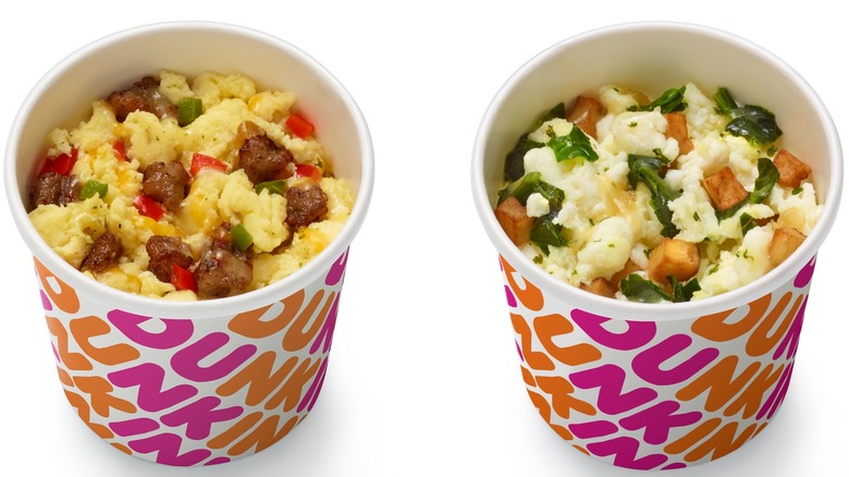 Dunkin' Bowls sausage scramble and egg white scramble in cardboard takeout cups