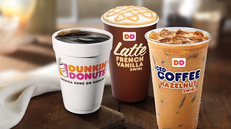 Three Dunkin' coffee drinks lined up