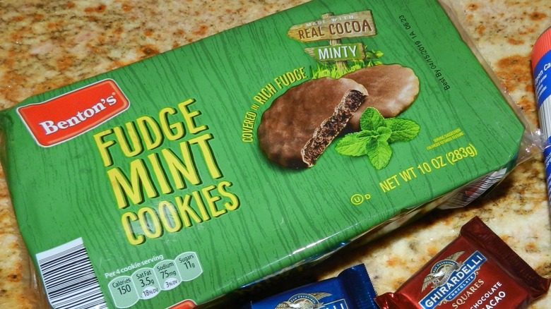 Package of Benton's Fudge Mint Cookies on a stone countertop with other groceries
