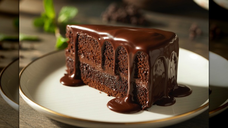 A slice of chocolate cake with dripping chocolate ganache on top, served on a white plate