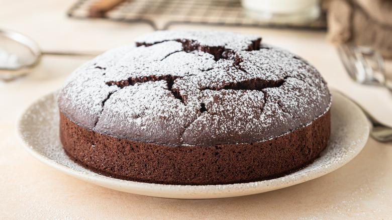 A single layer chocolate cake coated with powdered sugar on a white plate