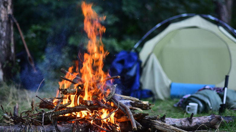 A outdoor fire next to some camping equipment