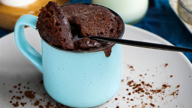 Chocolate mug cake in blue cup