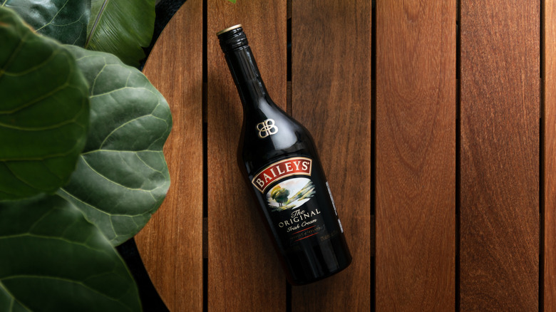 A bottle of Bailey's Irish Cream on a brown table with green leaves