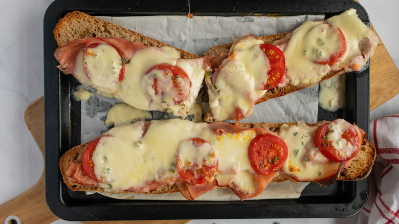 open-face tomato and cheese sandwich broiled in oven